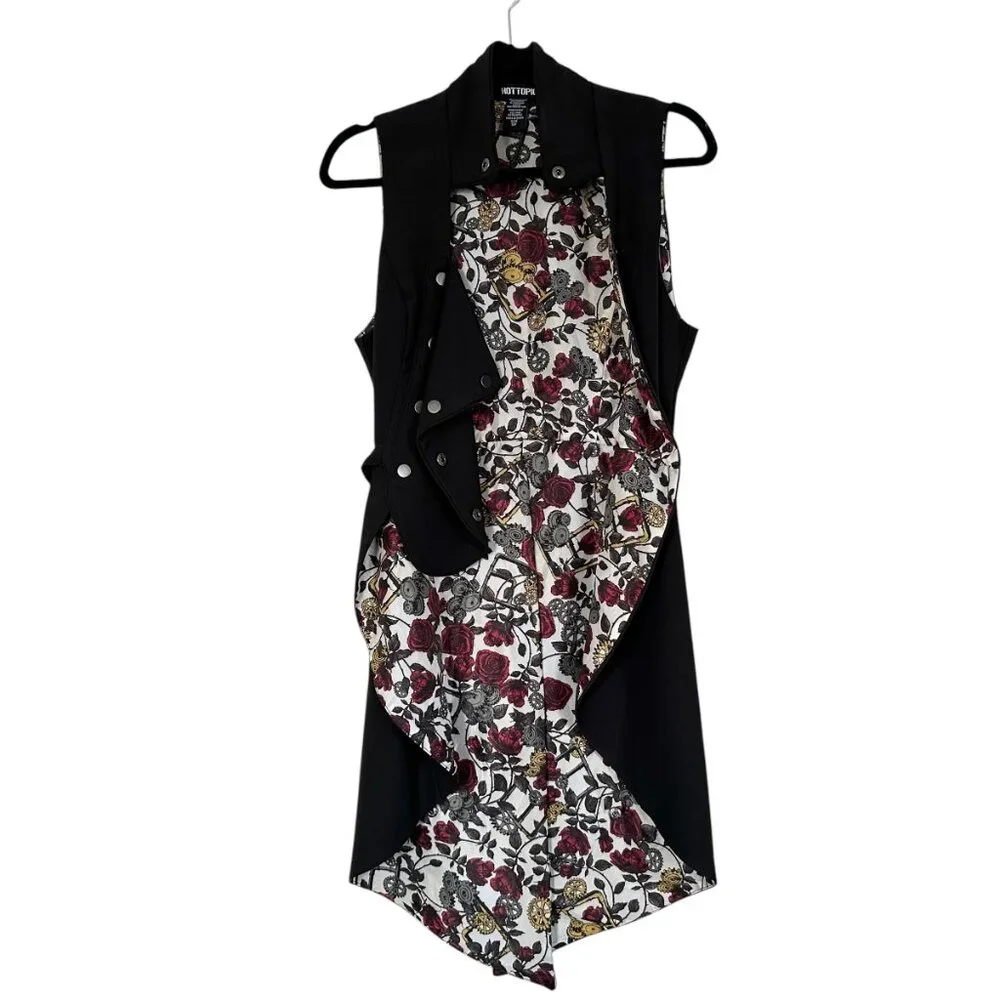 Hot Topic Steampunk Goth Roses Gears Snap Front Split Back Long Vest Small - Picture 2 of 10